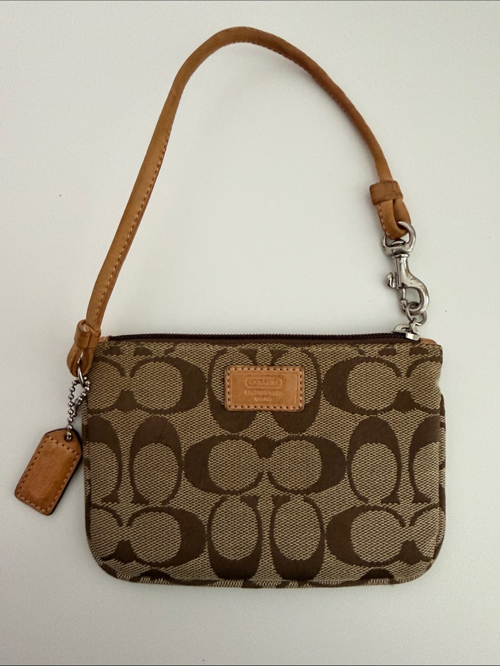 Coach Signature Canvas Wristlet in Brown and Tan